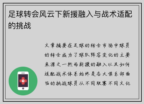 足球转会风云下新援融入与战术适配的挑战 足球转会风云下新援融入与战术适配的挑战