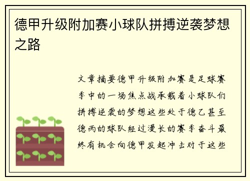 德甲升级附加赛小球队拼搏逆袭梦想之路 德甲升级附加赛小球队拼搏逆袭梦想之路